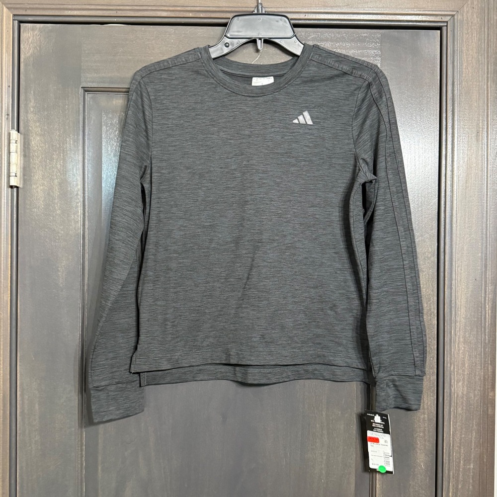 Adidas NWT Kids Gray Heather Long Sleeve Top 3-Stripes Thumbhole Size L 14